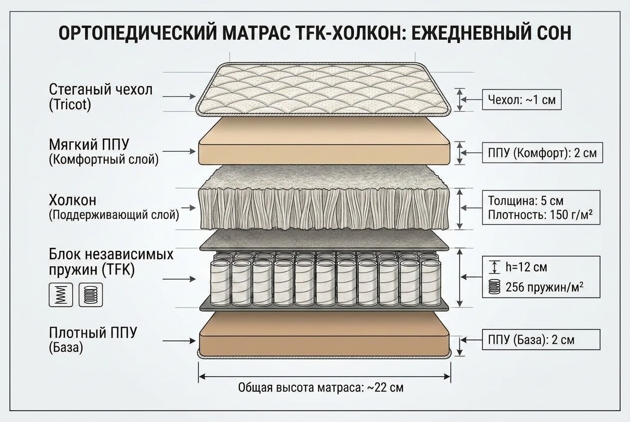 Матрас в разрезе для ежедневного использования с указанием толщины слоев, плотности холкона и независимого пружинного блока