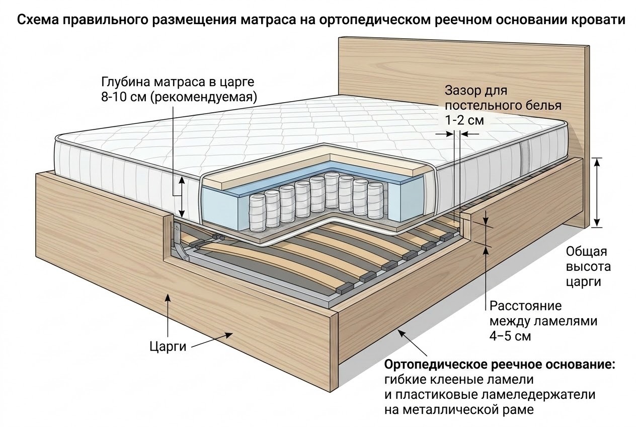 Матрас на реечном ортопедическом основании кровати с указанием правильной высоты царги и зазоров